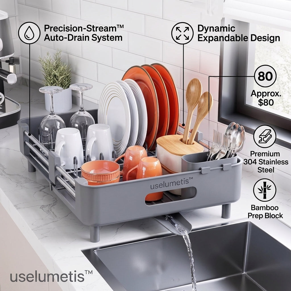 uselumetis™ Expandable Dish Drying Rack | Stainless Steel Kitchen Sink Organizer with Auto Drain