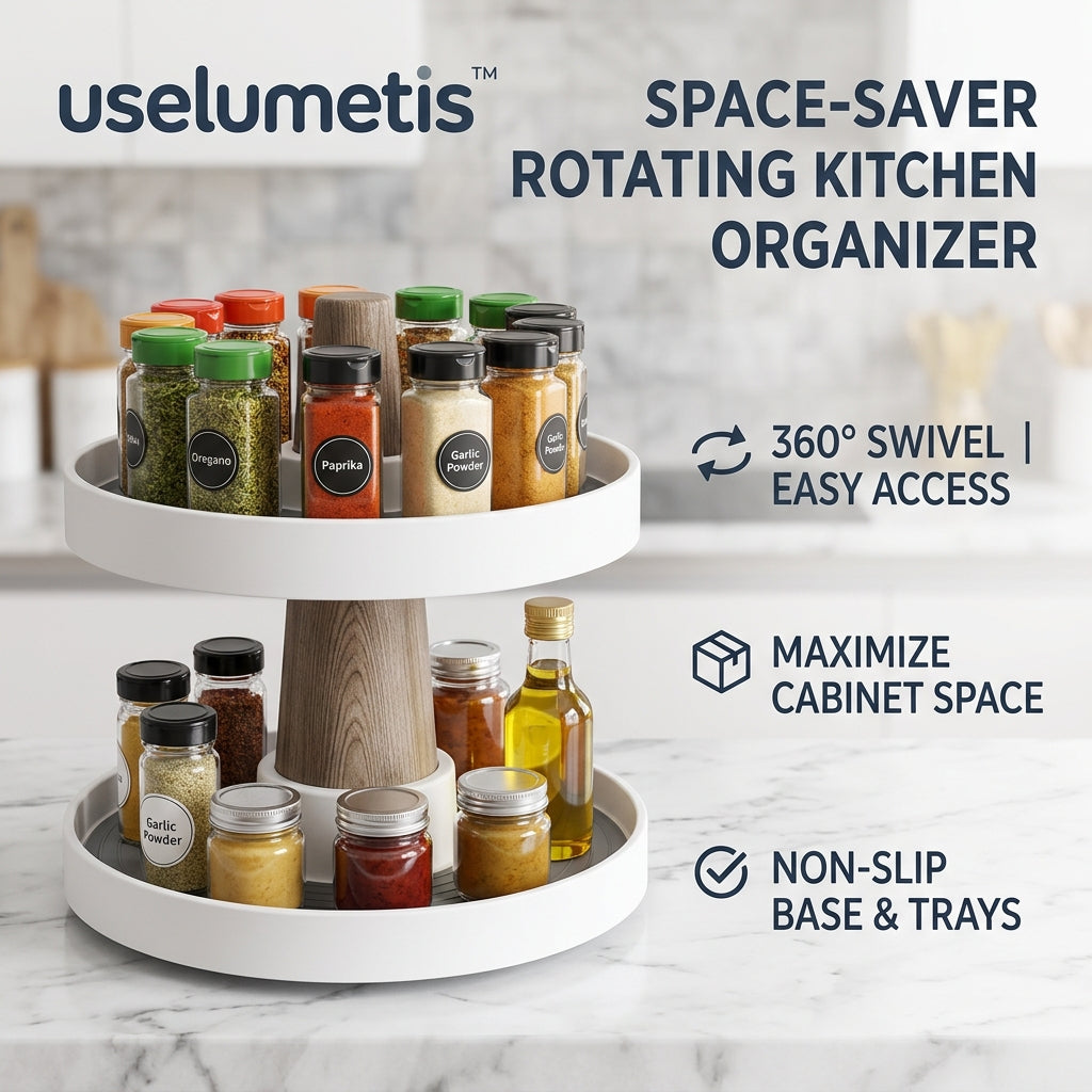 uselumetis™ 360° Rotating Kitchen Organizer | Space-Saving Cabinet Storage Turntable