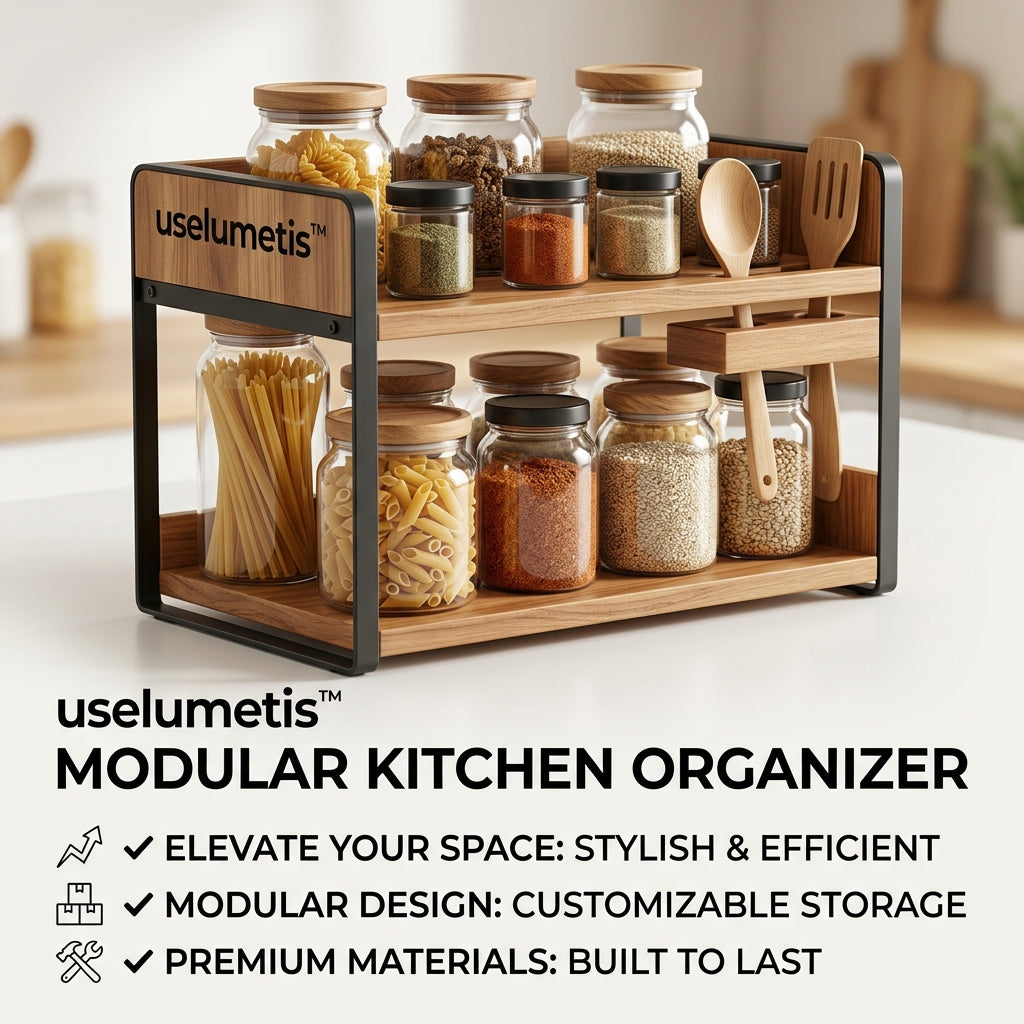uselumetis™ Modular Kitchen Organizer Shelf | 2-Tier Countertop Storage Rack
