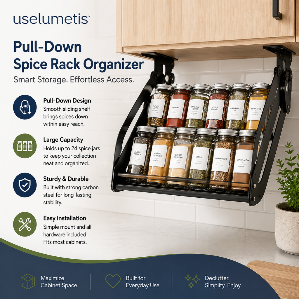 uselumetis™ Pull-Down Spice Rack Organizer | Adjustable Cabinet Storage Shelf