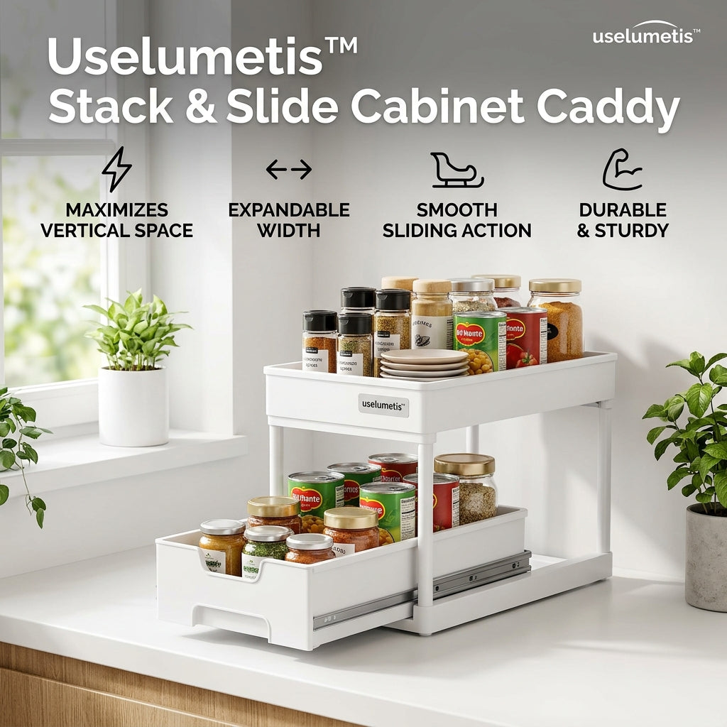 uselumetis™ Stack & Slide Cabinet Caddy – Expandable Pull-Out Kitchen Storage Organizer